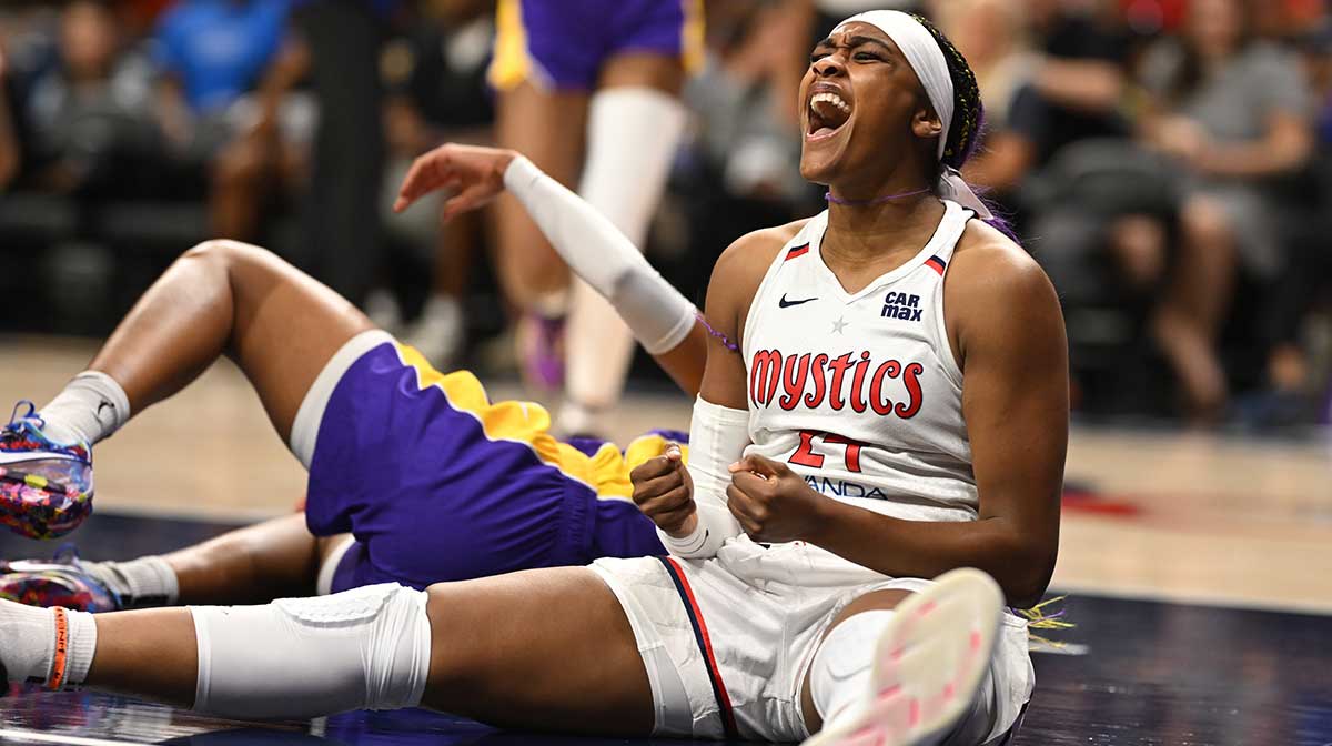 Washington Mystics forward Aaliyah Edwards (24) reacts after a foul call against the Los Angeles Sparks during the first quarter at CareFirst Arena.