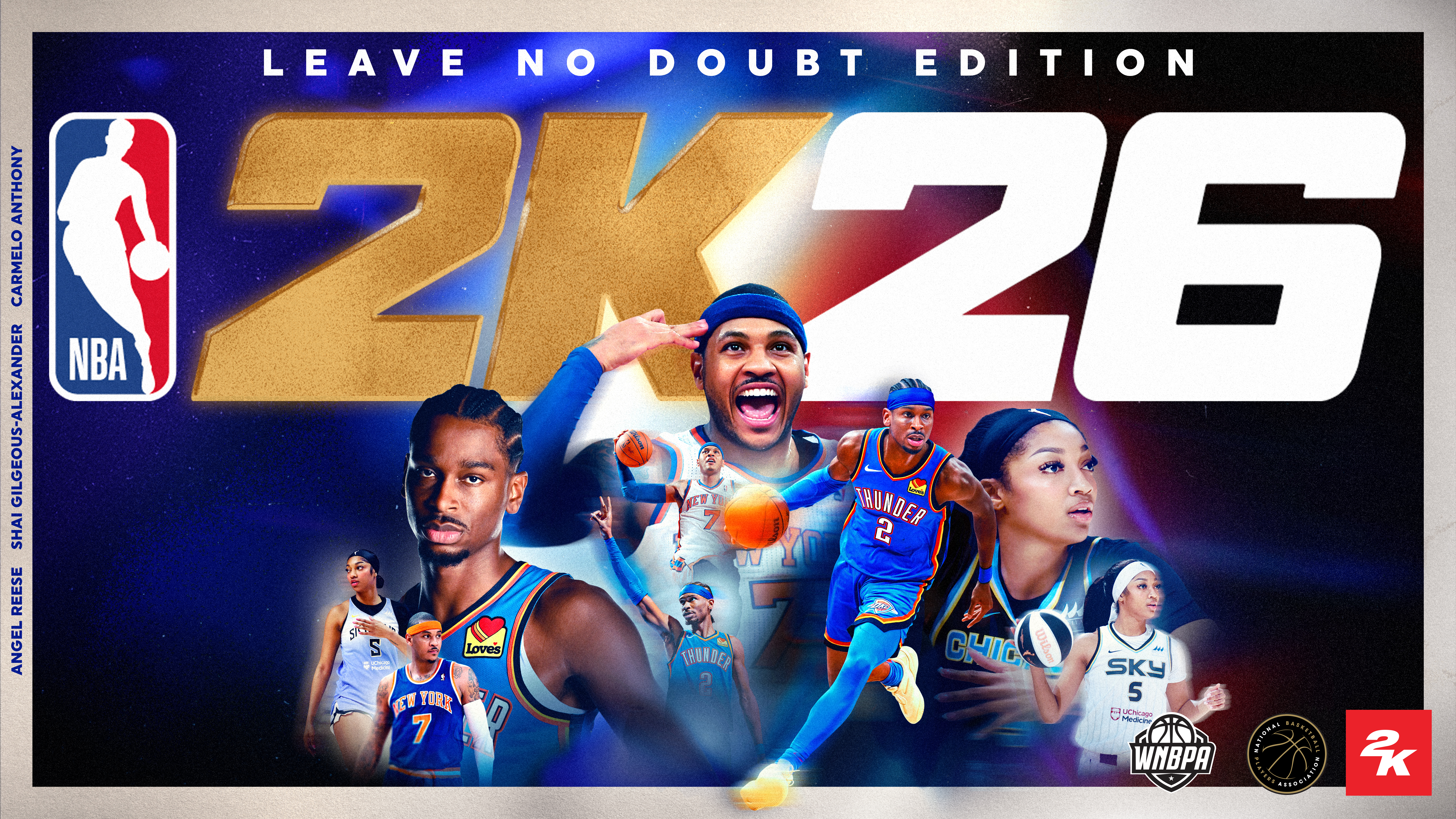 NBA 2K26 Leave No Doubt Edition Cover_Wide, Shai Gilgeous-Alexander, Carmelo Anthony, Angel Reese