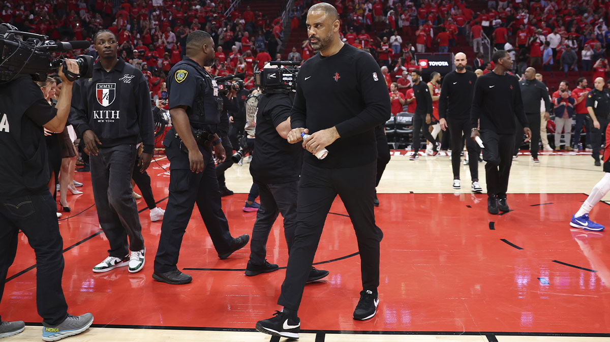 Houston Rockets head coach Ime Udoka leaves the field after the second round game for the NBA 2024 qualifiers at Toyota Center.