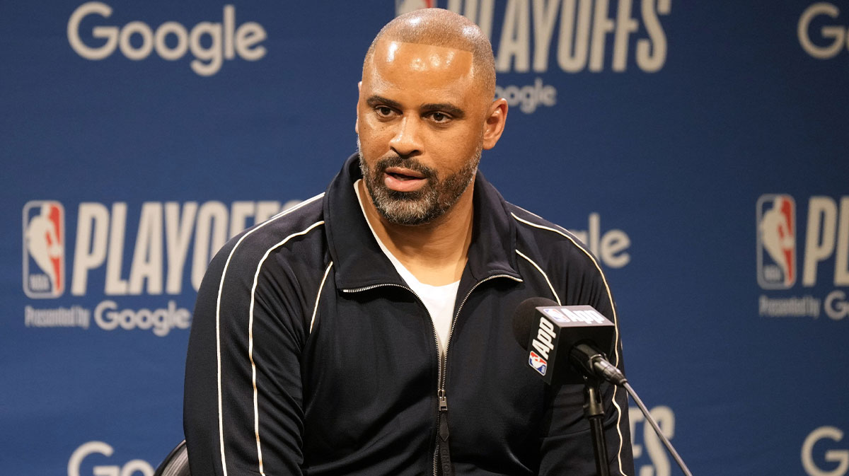 Houston Rockets head coach Ime Udoka talks to media members before game three of first round for the 2024 NBA Playoffs at Chase Center.