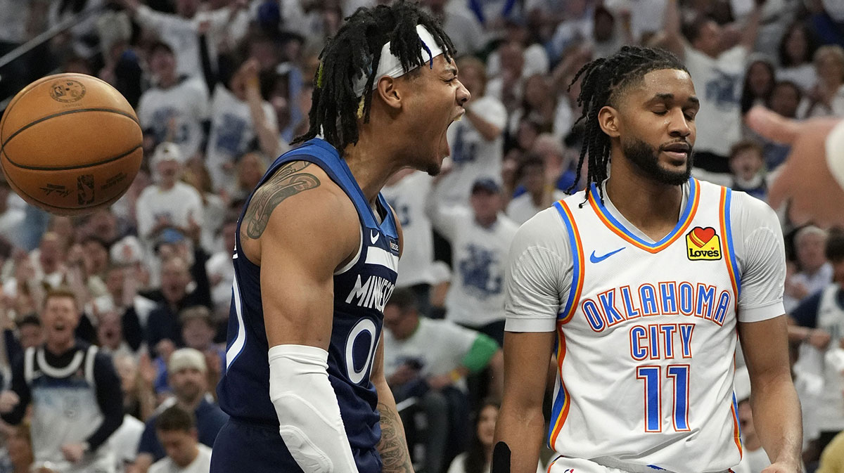 Minnesota Timberwolves guard Terrence Shannon Jr. (00) reacts against the Oklahoma City Thunder during the second half in game three of the western conference finals for the 2025 NBA Playoffs at Target Center.