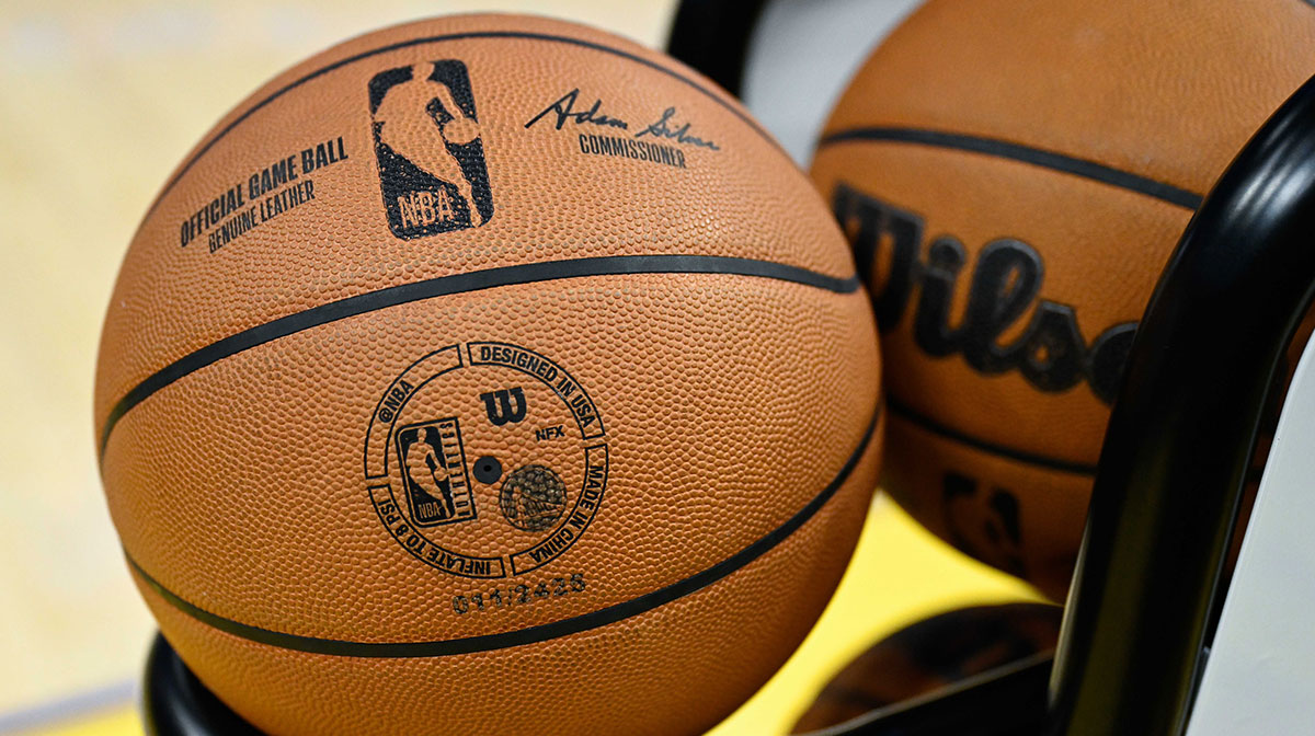 The NBA logo is seen on a basketball during warm ups before the Golden State Warriors play the Indiana Pacers at Chase Center.