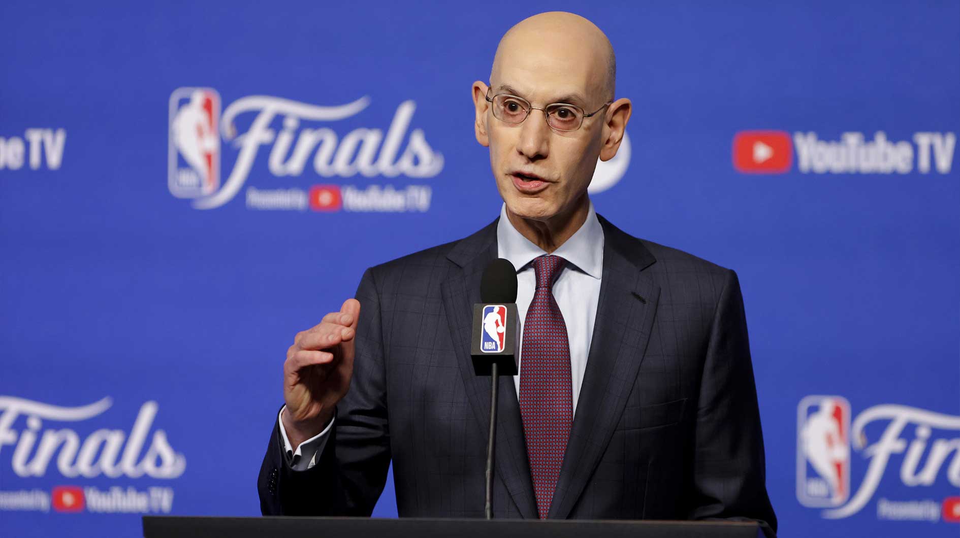Jun 5, 2025; Oklahoma City, Oklahoma, USA; NBA commissioner Adam Silver speaks to the media before game one between the Oklahoma City Thunder and the Indiana Pacers in the 2025 NBA Finals at Paycom Center
