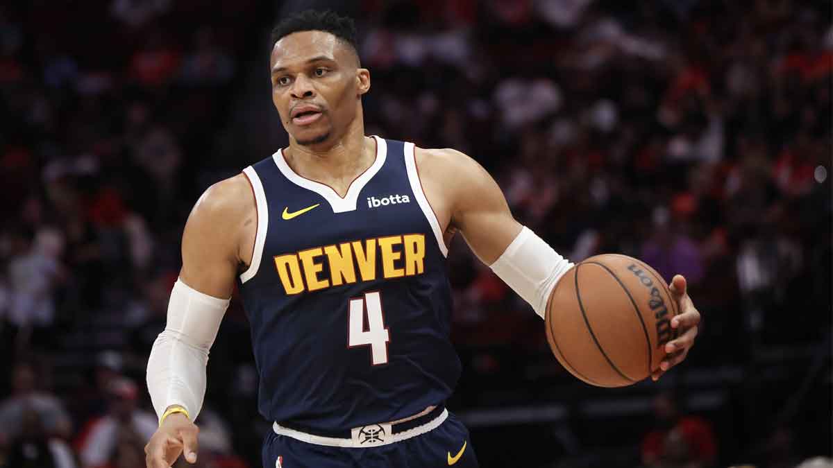Denver Nuggets guard Russell Westbrook (4) dribbles against the Houston Rockets in the second half at Toyota Center.