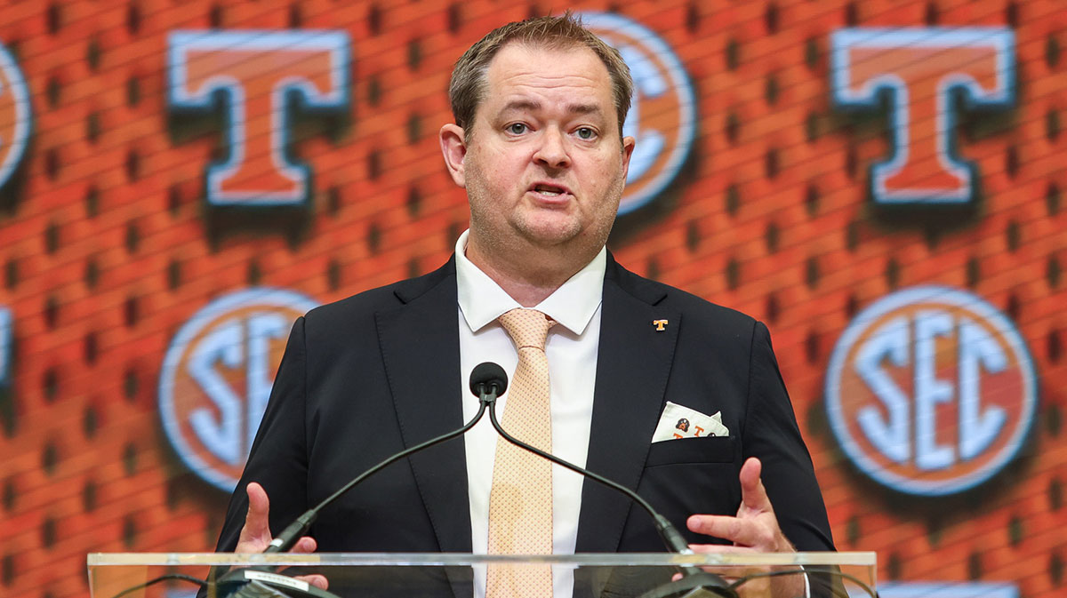 Tennessee Volunteers head coach Josh Heupel talks to the media during SEC Media Days at Omni Atlanta Hotel.