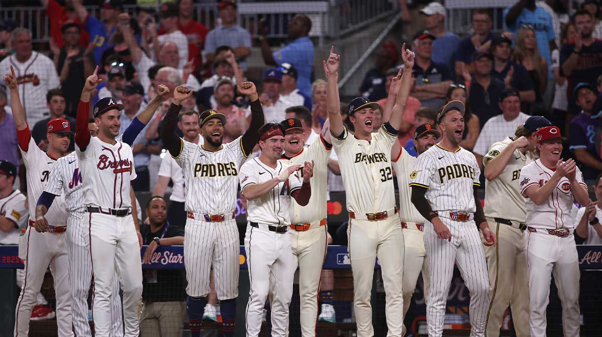 The National League players celebrate during in a home run swing off tiebreaker in the 2025 MLB All Star Game at Truist Park.