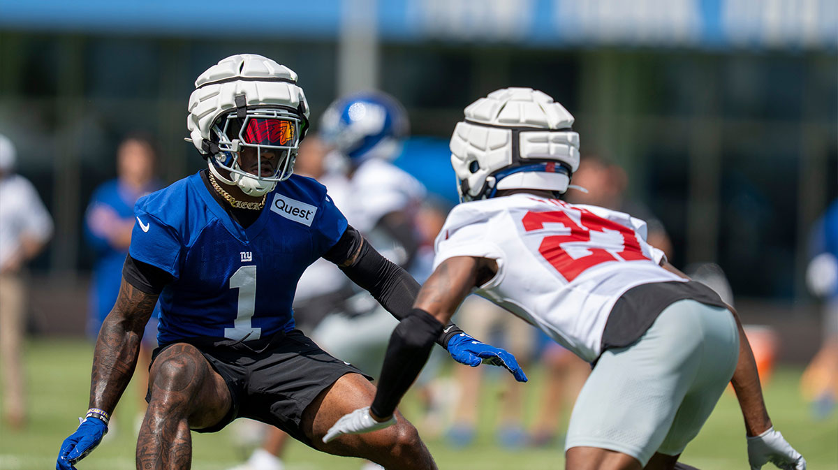 New York Giants wide receiver Malik Nabers (1) and New York Giants safety Tyler Nubin (27) compete in a drill during day one of the New York Giants training camp at Quest Diagnostics Giants Training Center in East Rutherford on Wednesday, July 23, 2025.