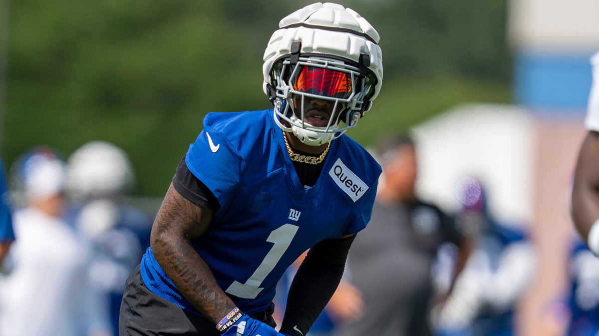 New York Giants wide receiver Malik Nabers (1) gets ready for a play during day one of the New York Giants training camp at Quest Diagnostics Giants Training Center in East Rutherford on Wednesday, July 23, 2025.