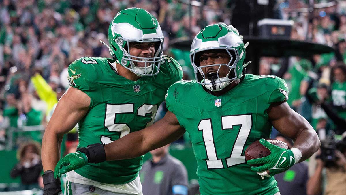 Philadelphia Eagles linebacker Nakobe Dean (17) reacts to his interception with linebacker Zack Baun (53) during the fourth quarter against the Jacksonville Jaguars at Lincoln Financial Field.