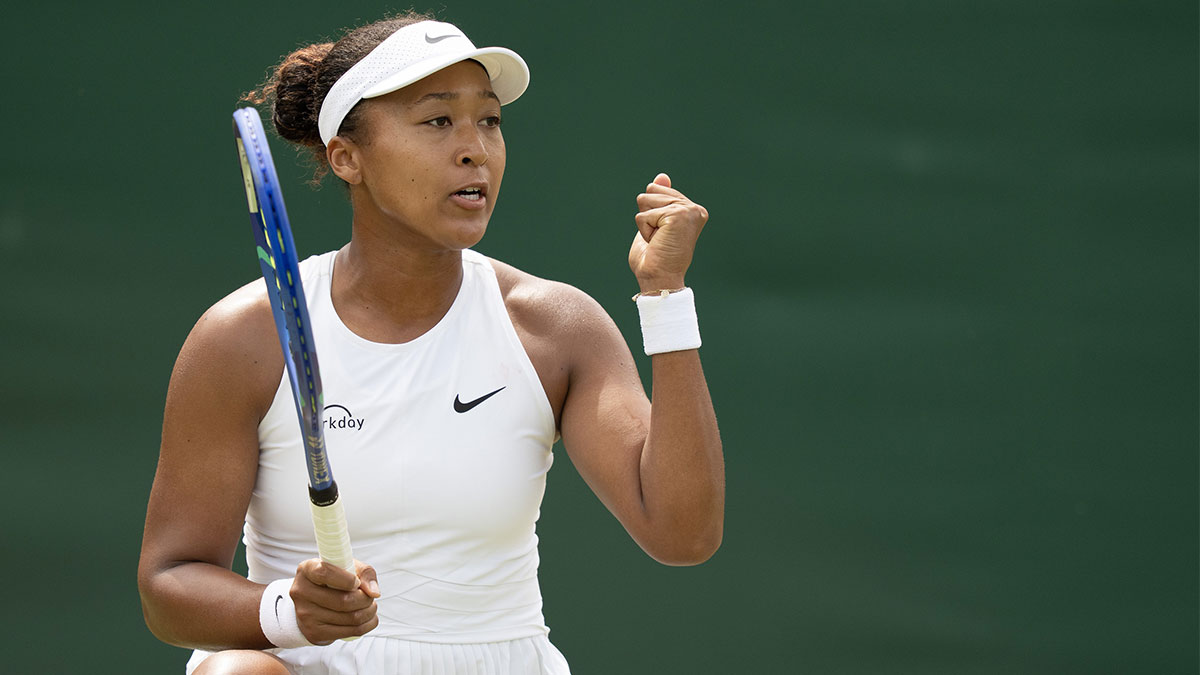 Naomi Osaka of Japan reacts to a point during her match against Anastasia Pavlyuchenkova on day five at Wimbledon.
