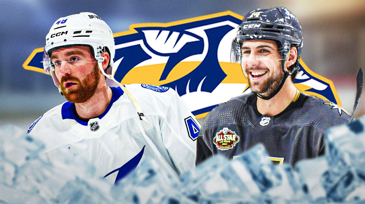 Nick Perbix and Nicolas Hague with the Predators logo in the background, NHL free agency, predators free agency grade