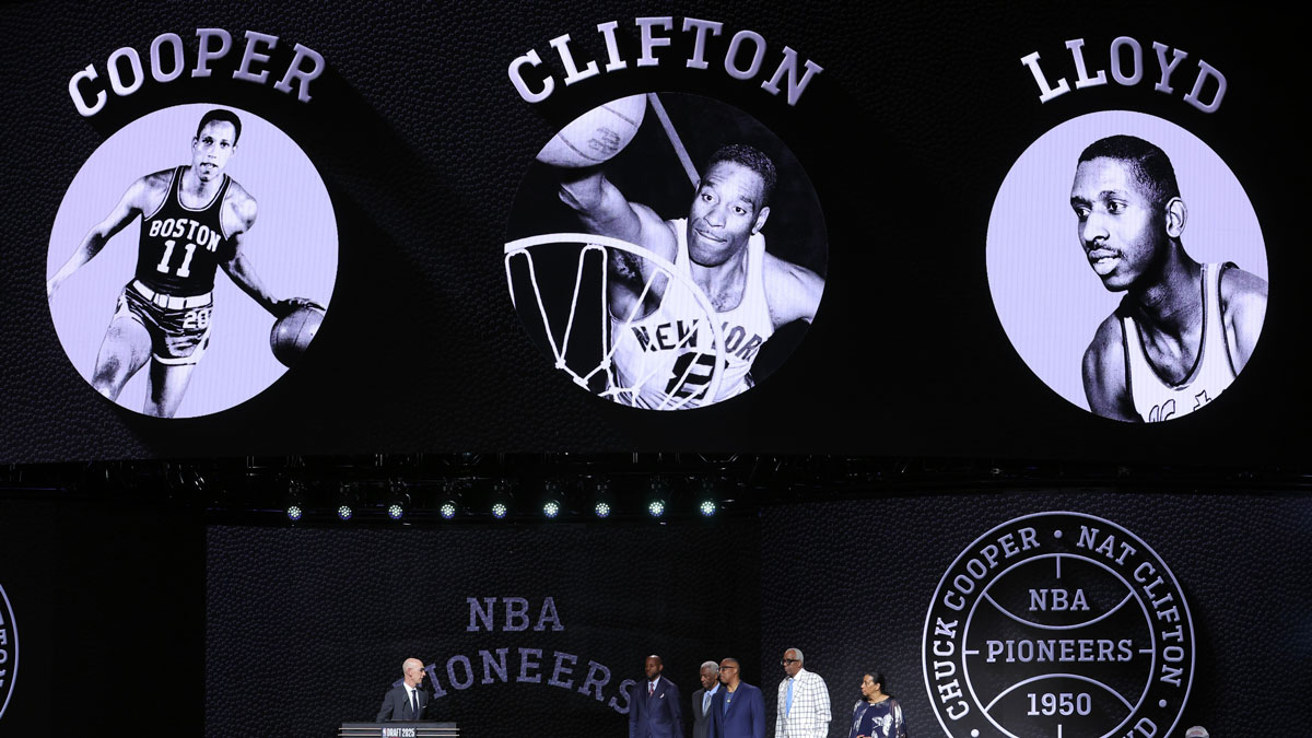 NBA commissioner Adam Silver honors NBA pioneers Chuck Cooper, Earl Lloyd and Nat Clifton in the first round of the 2025 NBA Draft at Barclays Center.