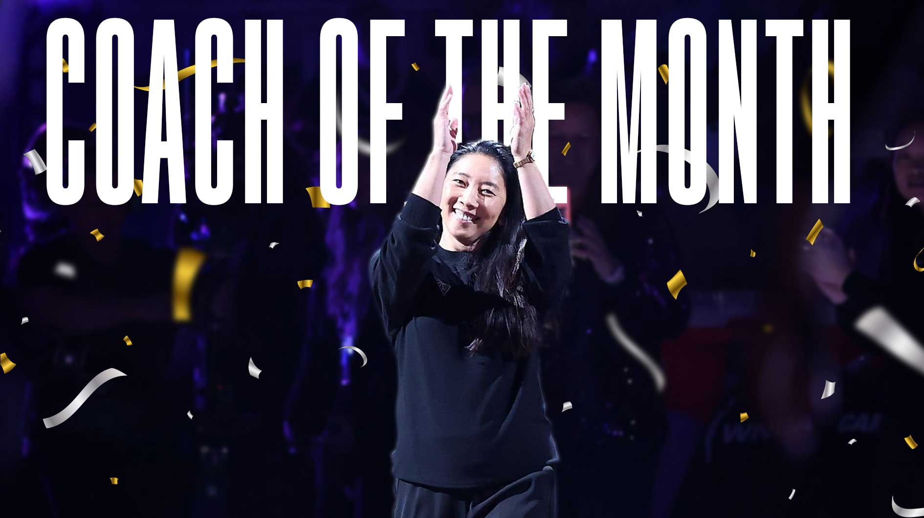 Natalie Nakase with confetti falling around her and big bold text: Coach of the Month behind her.