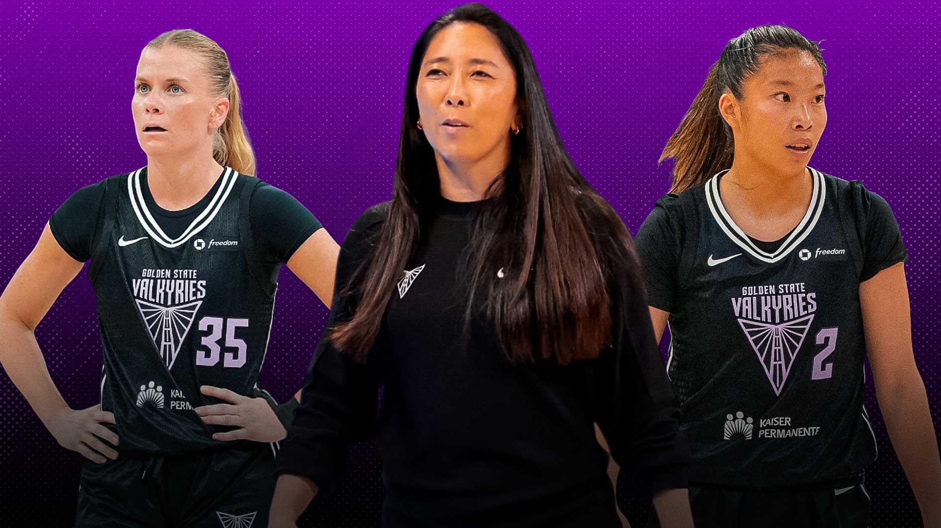 Natalie Nakase, Julie Vanloo, and Kaitlyn Chen, with purple tinted background
