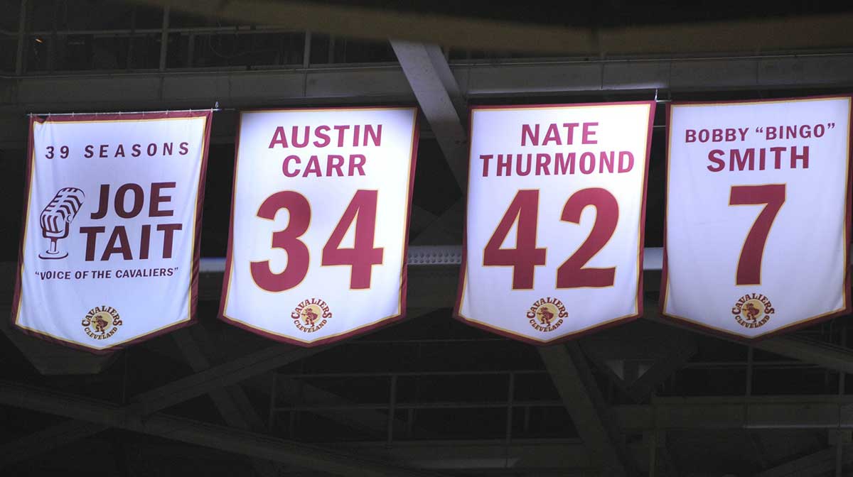 Banners of Cleveland Cavaliers former broadcaster Joe Tait (not pictured), former players Austin Carr (not pictured), Nate Thurmond (not pictured) and Bobby Smith (not pictured) hang at Quicken Loans Arena.