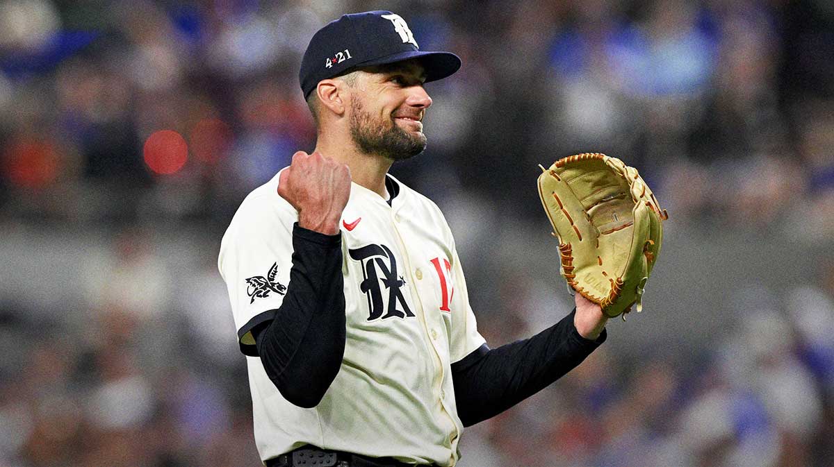 Texas Rangers starting pitcher Nathan Eovaldi (17) reacts to a call during the fifth inning against the Atlanta Braves at Globe Life Field.