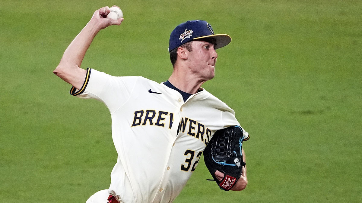 National League pitcher Jacob Misiorowski (32) of the Milwaukee Brewers pitches in the eighth inning during the 2025 MLB All Star Game at Truist Park.
