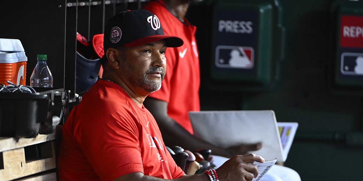 Washington Nationals manager Dave Martinez (4) in the dugout during the game against the Detroit Tigers at Nationals Park.