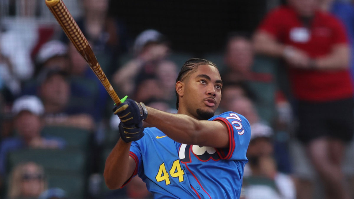 Jul 14, 2025; Atlanta, GA, USA; Washington Nationals outfielder James Wood (29) during the first round of the 2025 Home Run Derby at Truist Park. Mandatory Credit: Brett Davis-Imagn Images