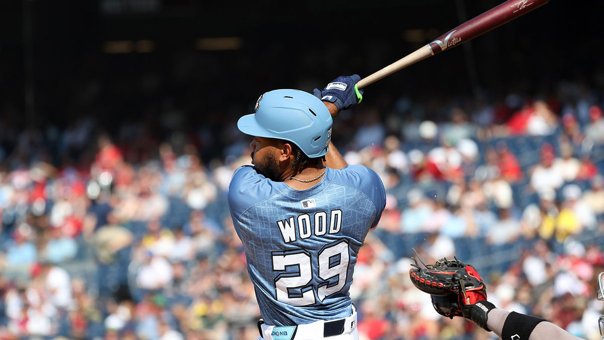 Jul 5, 2025; Washington, District of Columbia, USA; Washington Nationals outfielder James Wood (29) reaches first on a fielding error during the third inning against the Boston Red Sox at Nationals Park.