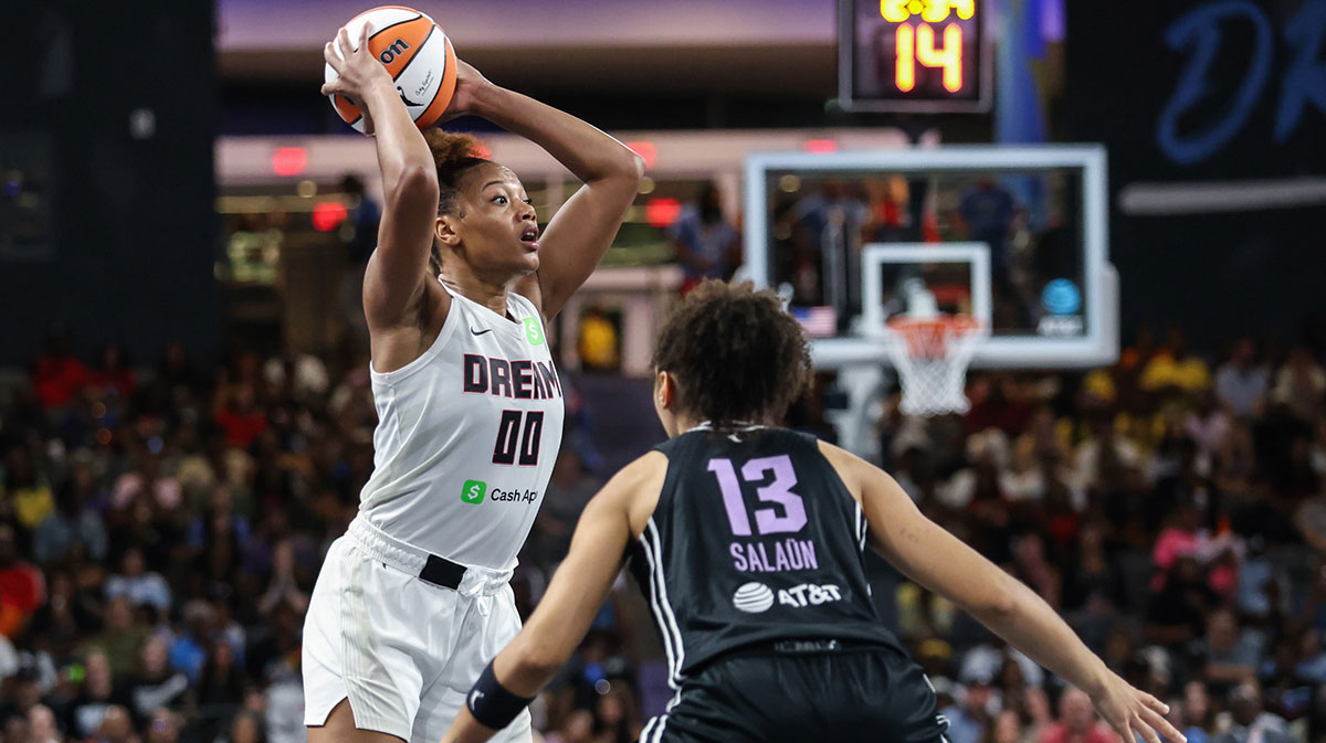 Atlanta Dream forward Naz Hillmon (0) looks to pass against Golden State Valkyries forward Janelle Salaun (13) during the fourth quarter at Gateway Center Arena at College Park.