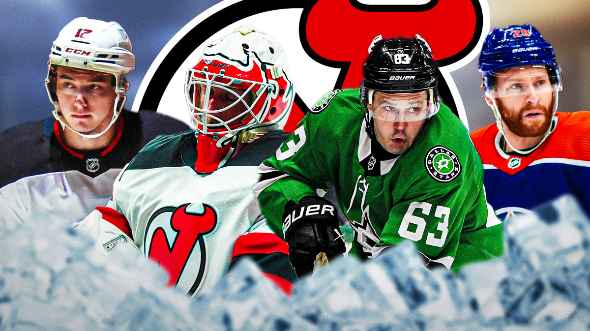 Cody Glass, Jake Allen, Evgenii Dadonov, and Connor Brown with the devils logo in the background, NHL Free agency, Devils free agency grade