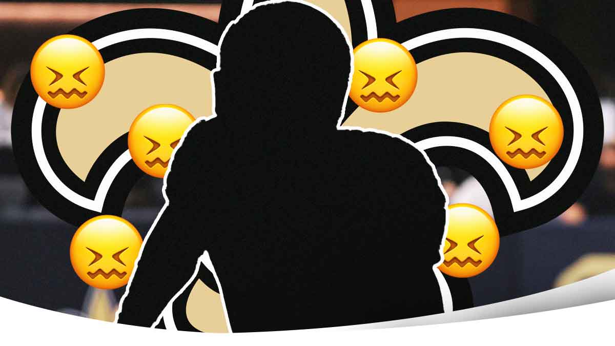 Mystery player in the middle, 😖 emojis around him, New Orleans Saints logo in the background