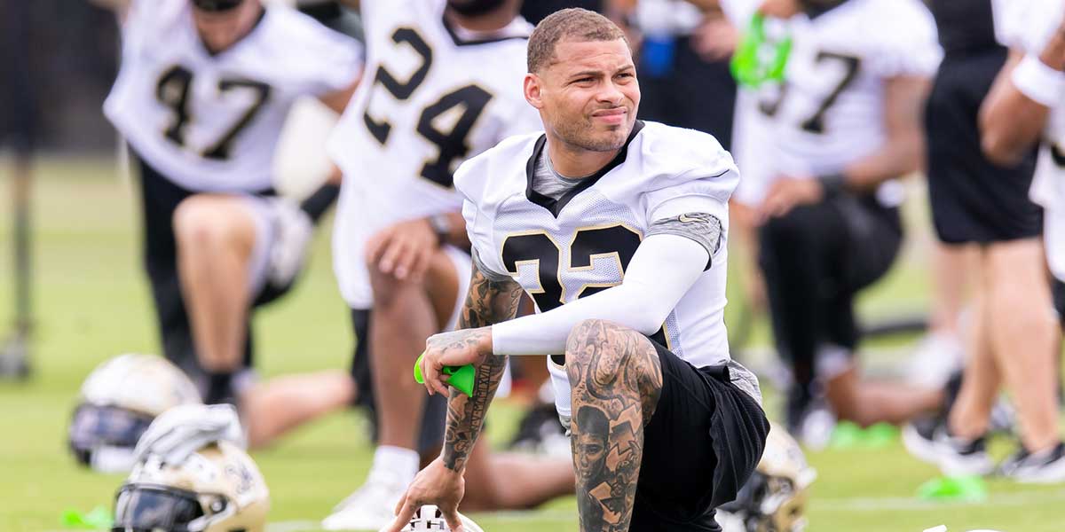 New Orleans Saints safety Tyrann Mathieu (32) looks on during stretches during minicamp at Ochsner Sports Performance Center.