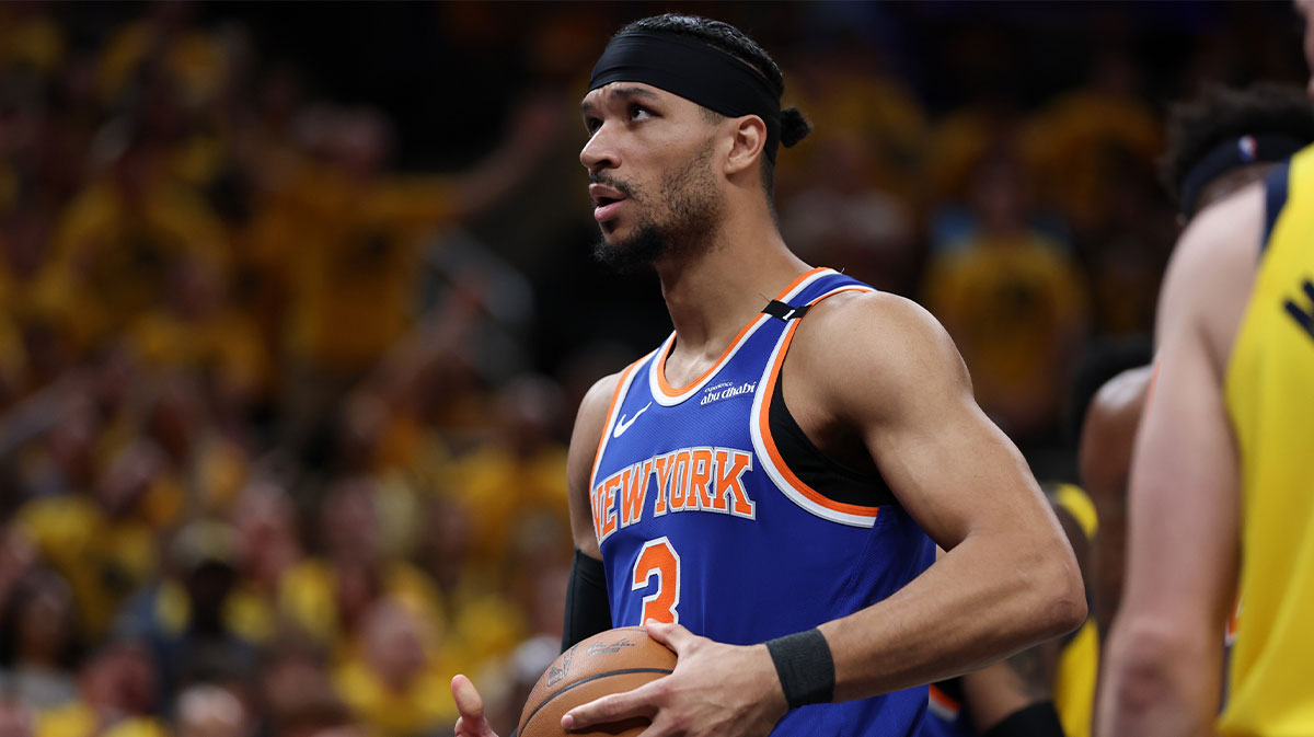 New York Knicks guard Josh Hart (3) reacts in the third quarter during game six of the eastern conference finals against the Indiana Pacers for the 2025 NBA Playoffs at Gainbridge Fieldhouse.