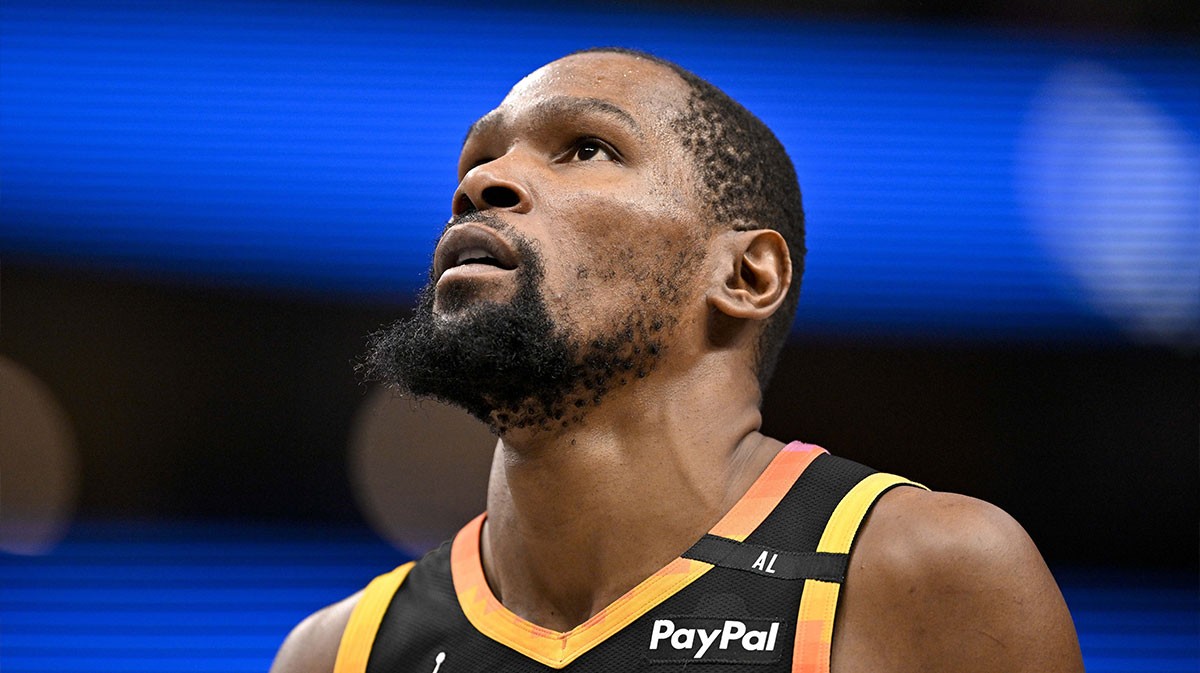 Phoenix Suns forward Kevin Durant (35) looks on during the second quarter against the Dallas Mavericks at the American Airlines Center. 