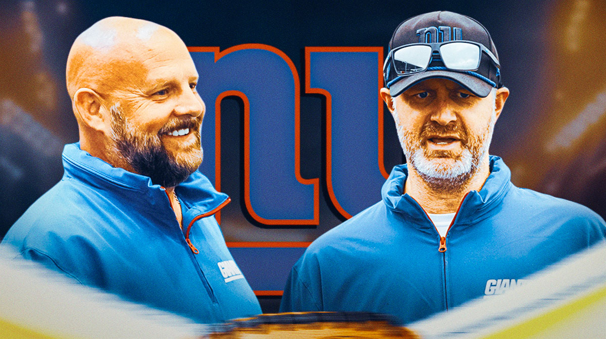 NFL Giants HC Brian Daboll and Giants DC Shane Bowen with New York Giants logo behind them