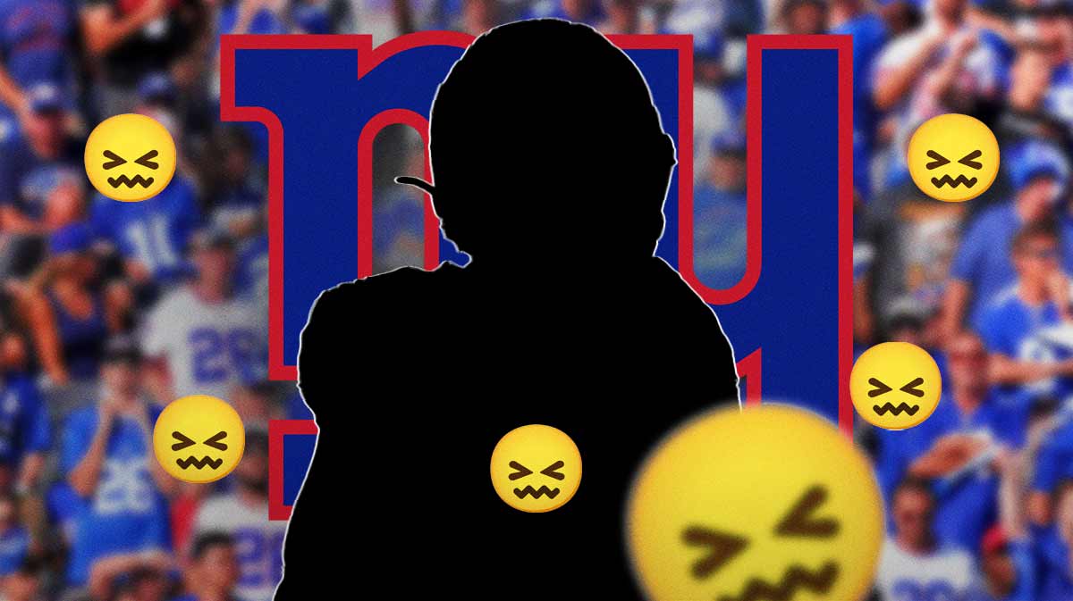Mystery player in the middle, 😖 emojis around him, New York Giants logo in the background