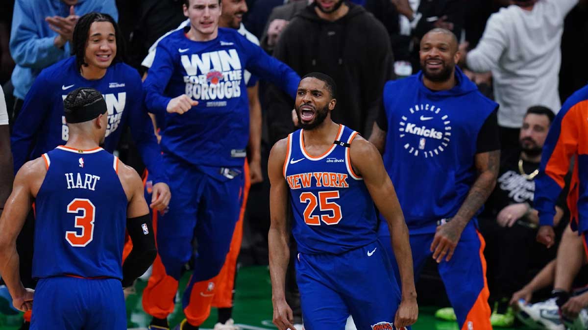 New York Knicks forward Mikal Bridges (25) reacts after stripping the ball from Boston Celtics guard Jaylen Brown (7) (not pictured) winning the game in overtime during game one of the second round for the 2025 NBA Playoffs at TD Garden.