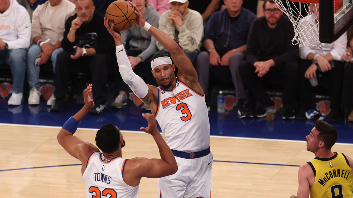 New York Knicks guard Josh Hart (3) grabs a rebound in the second quarter against the Indiana Pacers during game five of the eastern conference finals for the 2025 NBA Playoffs at Madison Square Garden. Mandatory Credit: Vincent Carchietta-Imagn Images
