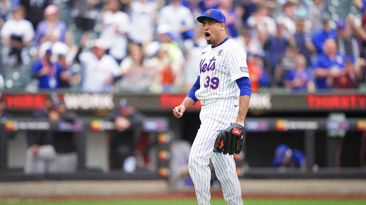 New York Mets pitcher Edwin Diaz (39) reacts to getting a strikeout for the final out in the ninth inning against the Colorado Rockies at Citi Field. Mandatory Credit: Gregory Fisher-Imagn Images