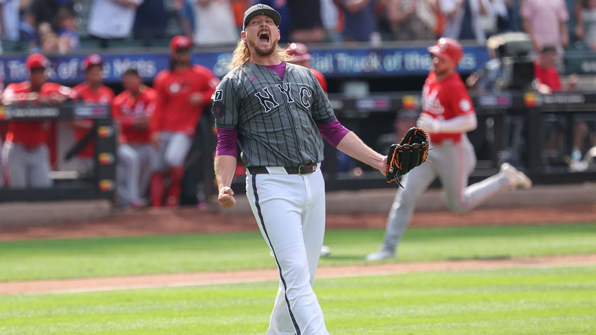 New York Mets relief pitcher Ryne Stanek (55) reacts after closing the game against the Cincinnati Reds at Citi Field.