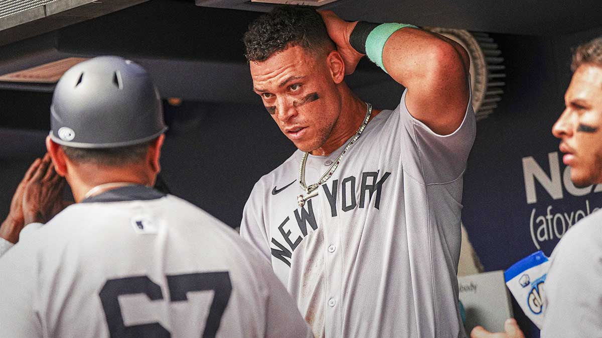 New York Yankees right fielder Aaron Judge (99) shown in the dugout during the game against the Atlanta Braves during the eighth inning at Truist Park. Mandatory Credit: Dale Zanine-Imagn Images