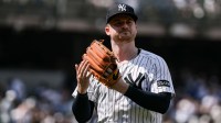New York Yankees pitcher Clarke Schmidt (36) reacts after leaving the game during the seventh inning against the Baltimore Orioles at Yankee Stadium.