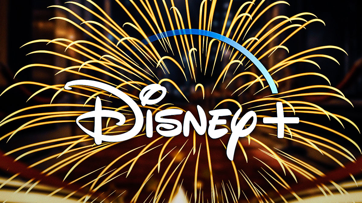 Disney+ logo in front of fireworks for the July 4 holiday.