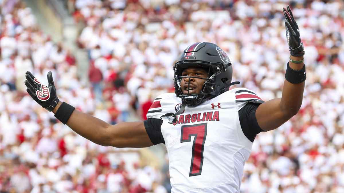 South Carolina Gamecocks defensive back Nick Emmanwori (7) reacts after returning an interception for a touchdown during the first half against the Oklahoma Sooners at Gaylord Family-Oklahoma Memorial Stadium.