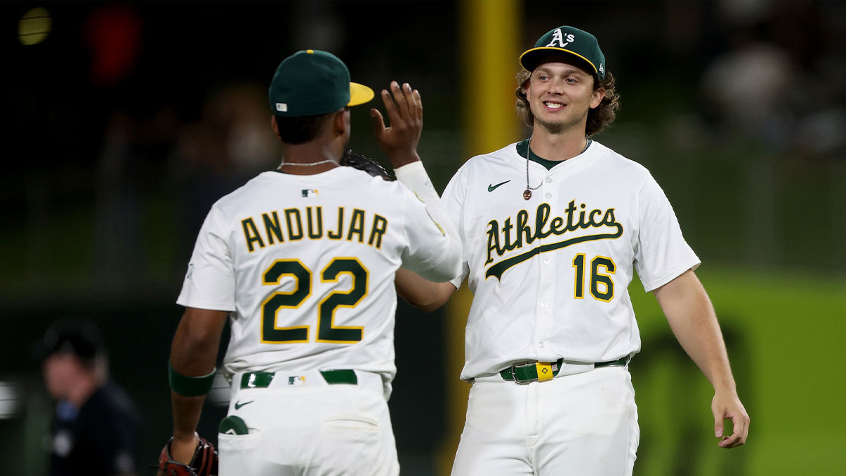 Athletics first baseman Nick Kurtz (16) and third baseman Miguel Andujar (22) celebrate after defeating the Seattle Mariners 6-1 at Sutter Health Park.