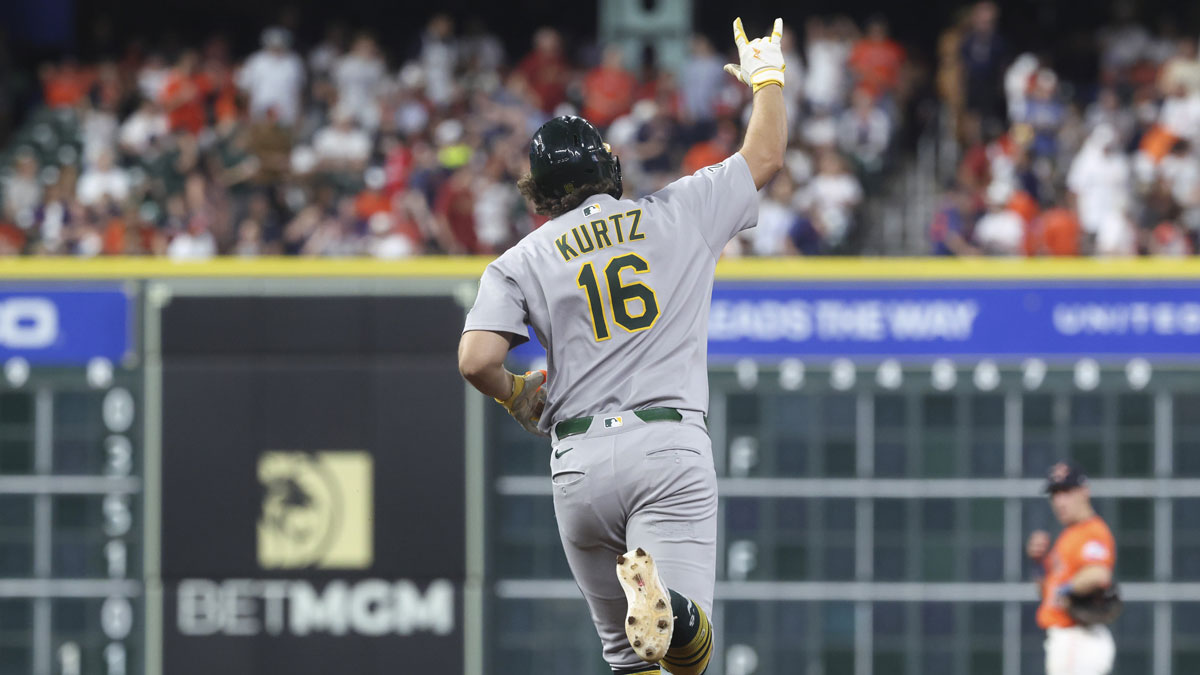 Athletics designated hitter Nick Kurtz (16) celebrates after hitting a home run during the sixth inning against the Houston Astros at Daikin Park.