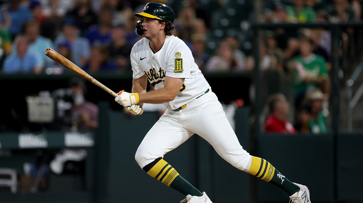 Athletics first baseman Nick Kurtz (16) hits a single against the Toronto Blue Jays during the fifth inning at Sutter Health Park.
