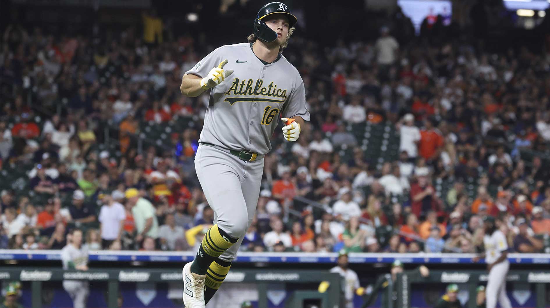 Athletics designated hitter Nick Kurtz (16) reacts after hitting a home run during the eighth inning against the Houston Astros at Daikin Park.