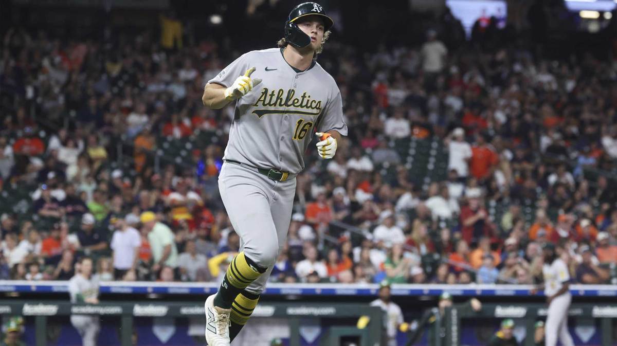 Athletics designated hitter Nick Kurtz (16) reacts after hitting a home run during the eighth inning against the Houston Astros at Daikin Park.