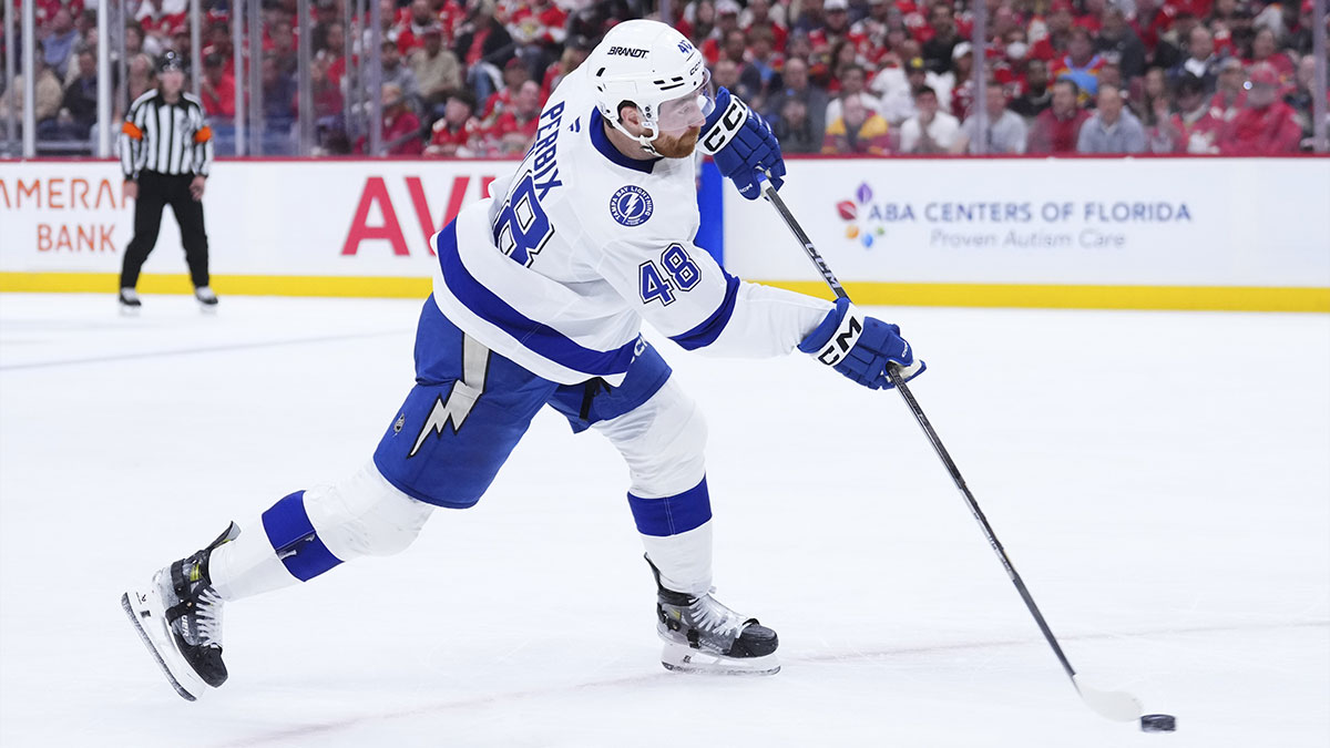 Tampa Bay Lightning defenseman Nick Perbix (48) shoots the puck against the Florida Panthers during the second period in game four of the first round of the 2025 Stanley Cup Playoffs at Amerant Bank Arena.
