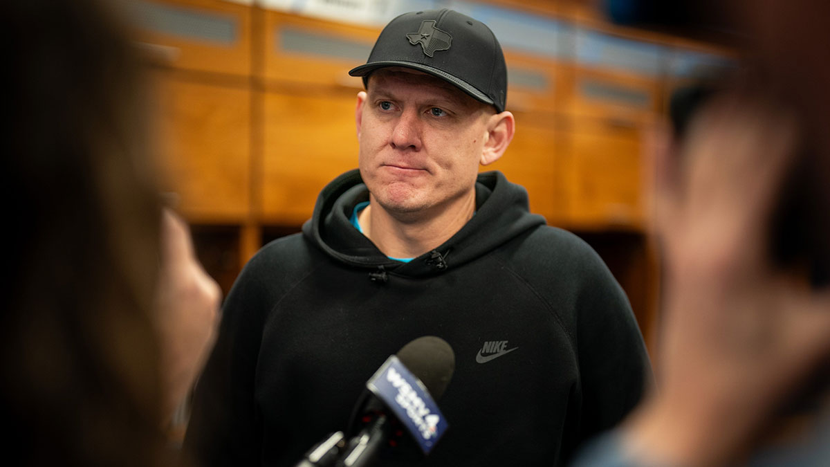 Tennessee Titans place kicker Nick Folk gives an interview as the team cleans out their locker room at Ascension Saint Thomas Sports Park in Nashville, Tenn., Monday, Jan. 6, 2025.