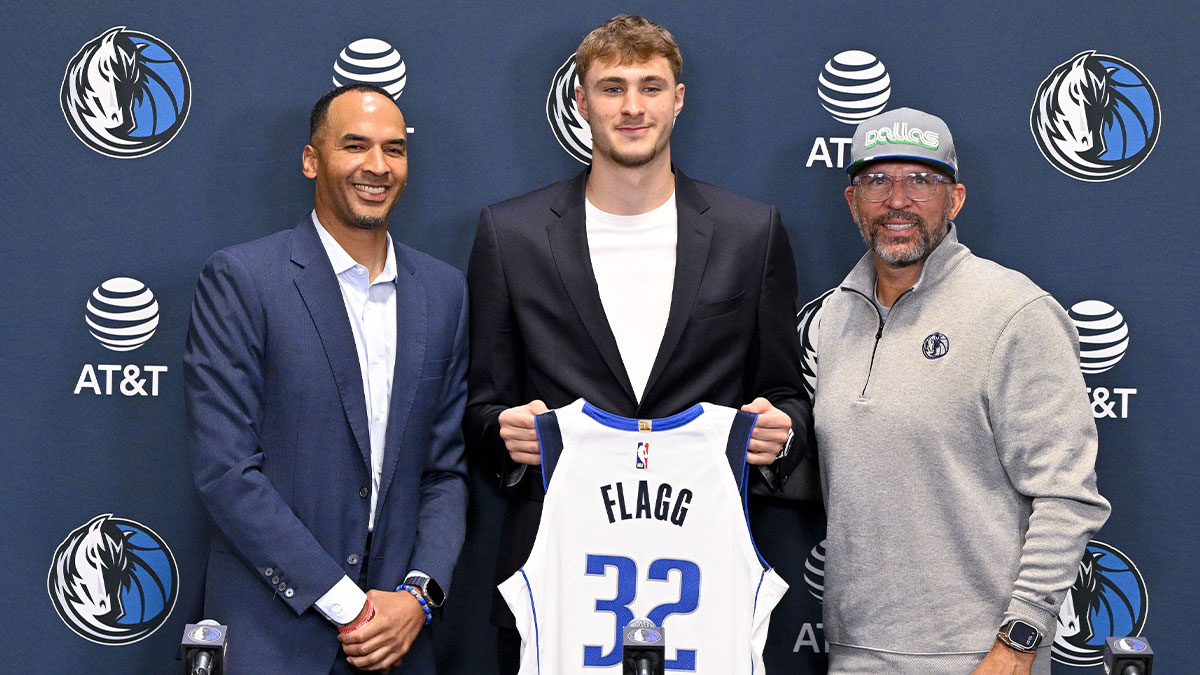 (from left) Dallas Mavericks general manager Nico Harrison and Mavericks first overall pick Cooper Flagg and head coach Jason Kidd pose for a photo at the Dallas Mavericks Practice Facility.