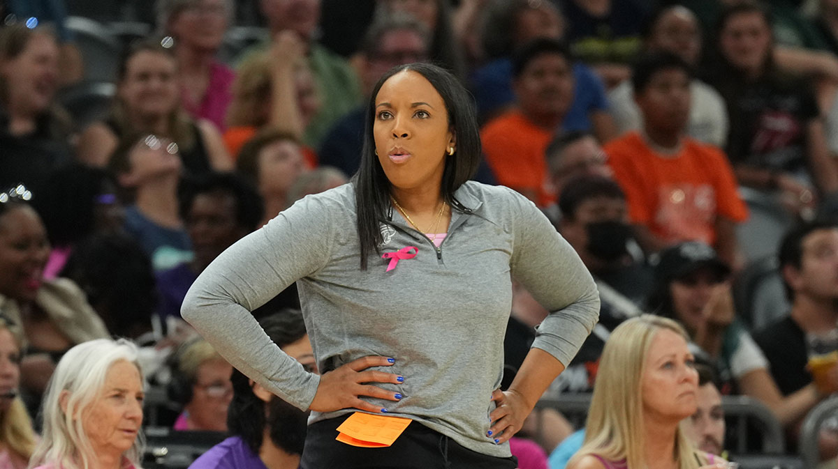Phoenix Mercury head coach Nikki Blue looks on against the Seattle Storm during the first half at Footprint Center.