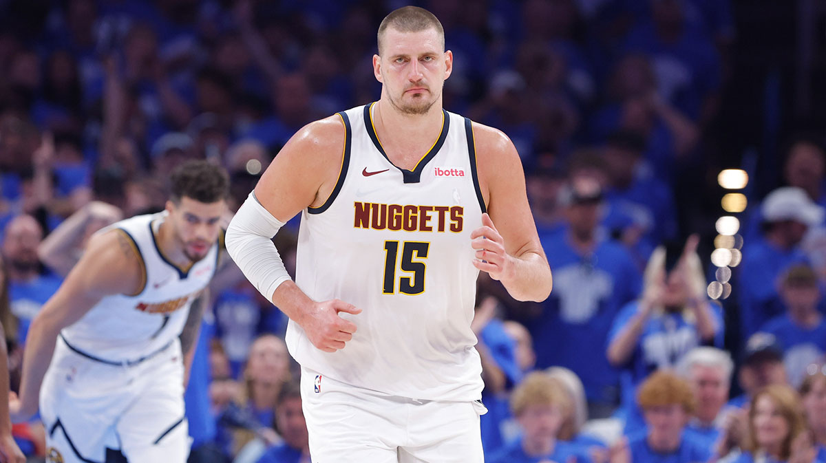 Denver Nuggets center Nikola Jokic (15) runs down the court against the Oklahoma City Thunder in the second quarter during game seven of the second round for the 2025 NBA Playoffs at Paycom Center.